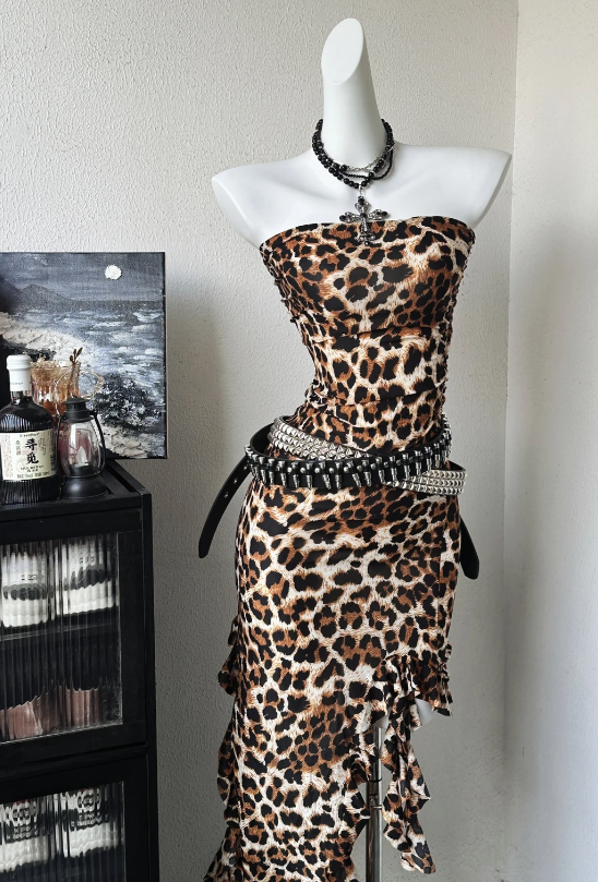 Edgy Leopard Print Strapless Mermaid Long Prom Dress With Asymmetric Ruffle Hem AD939