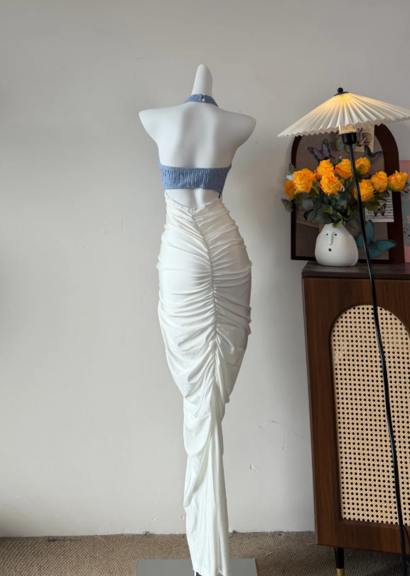 Chic Black & White Halter Neck Mermaid Long Prom Dress With Ruched Skirt AD941
