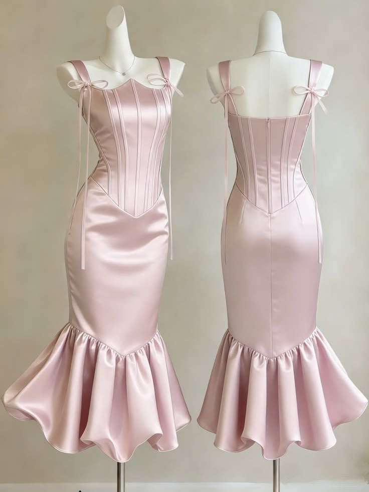 Charming Blush Pink Satin Corset Mermaid Long Prom Dress With Bow Straps And Ruffled Hem AD942