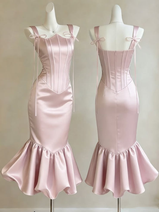 Charming Blush Pink Satin Corset Mermaid Long Prom Dress With Bow Straps And Ruffled Hem AD942