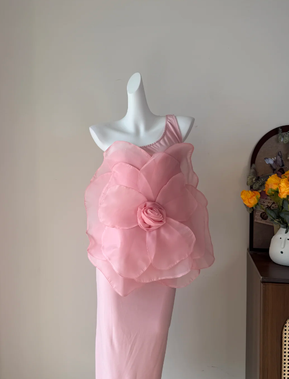 Whimsical Light Pink One Shoulder Organza Oversized 3D Flower Long Bodycon Prom Dress AD943