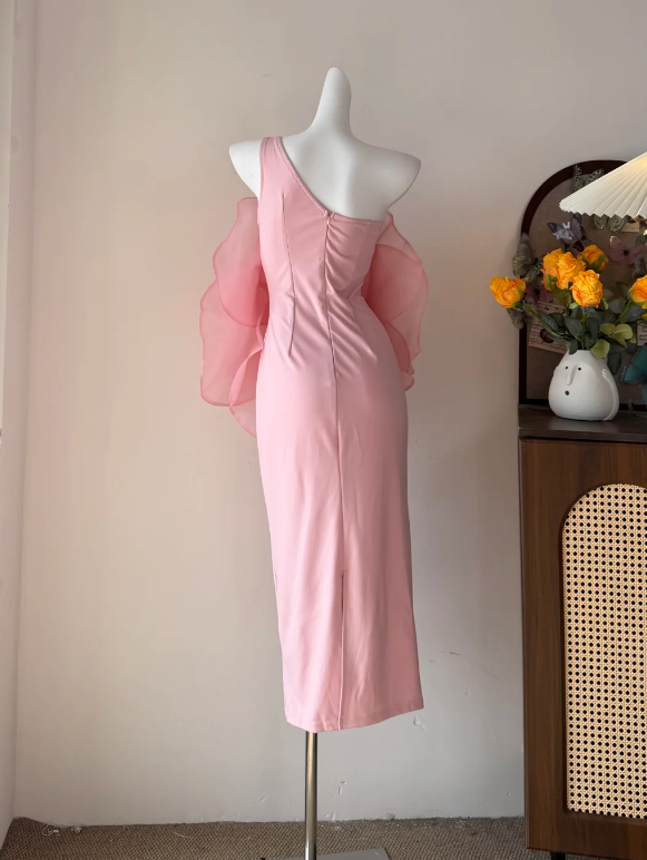 Whimsical Light Pink One Shoulder Organza Oversized 3D Flower Long Bodycon Prom Dress AD943