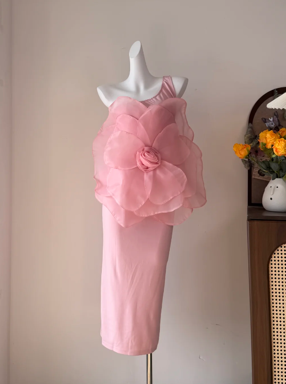 Whimsical Light Pink One Shoulder Organza Oversized 3D Flower Long Bodycon Prom Dress AD943
