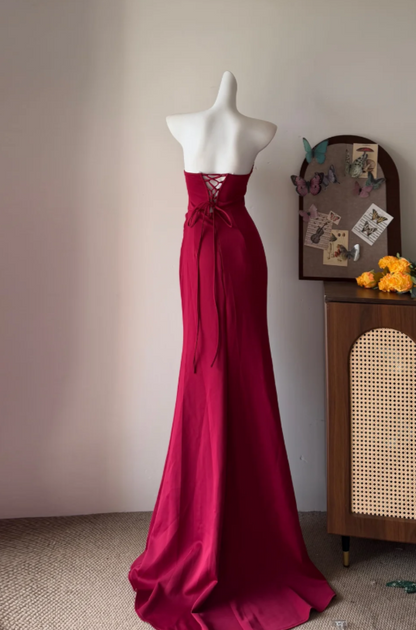 Regal Burgundy Strapless Corset Bodice Mermaid Long Prom Dress With High Slit AD944