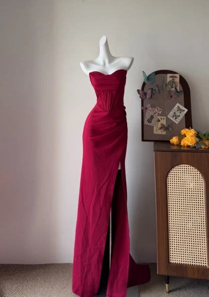 Regal Burgundy Strapless Corset Bodice Mermaid Long Prom Dress With High Slit AD944