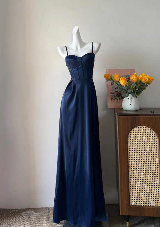 Regal Navy Blue Spaghetti Straps Satin Corset A-Line Long Prom Dress AD945