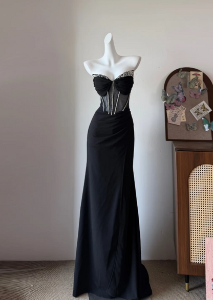 Regal Black Strapless Mermaid Long Prom Dress With Rhinestone Corset Bodice AD946