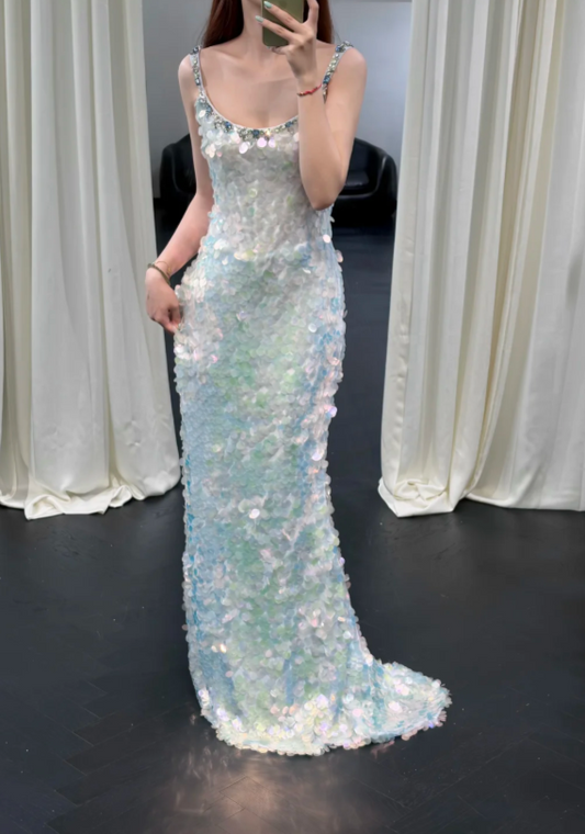 Whimsical Iridescent Sequin Mermaid Long Prom Dress With Beaded Straps And Sweep Train AD947