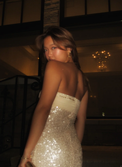 Enchanting Ivory Chiffon Sweetheart Neck Bodice Sequin Long Mermaid Prom Dress AD948