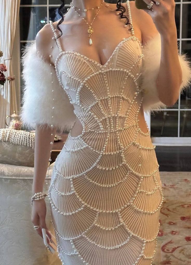 Enchanting Sheer Nude Mesh Spaghetti Straps Bodycon Long Prom Dress With Pearl Beading And Side Cut-Outs AD949