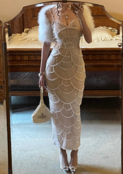Enchanting Sheer Nude Mesh Spaghetti Straps Bodycon Long Prom Dress With Pearl Beading And Side Cut-Outs AD949