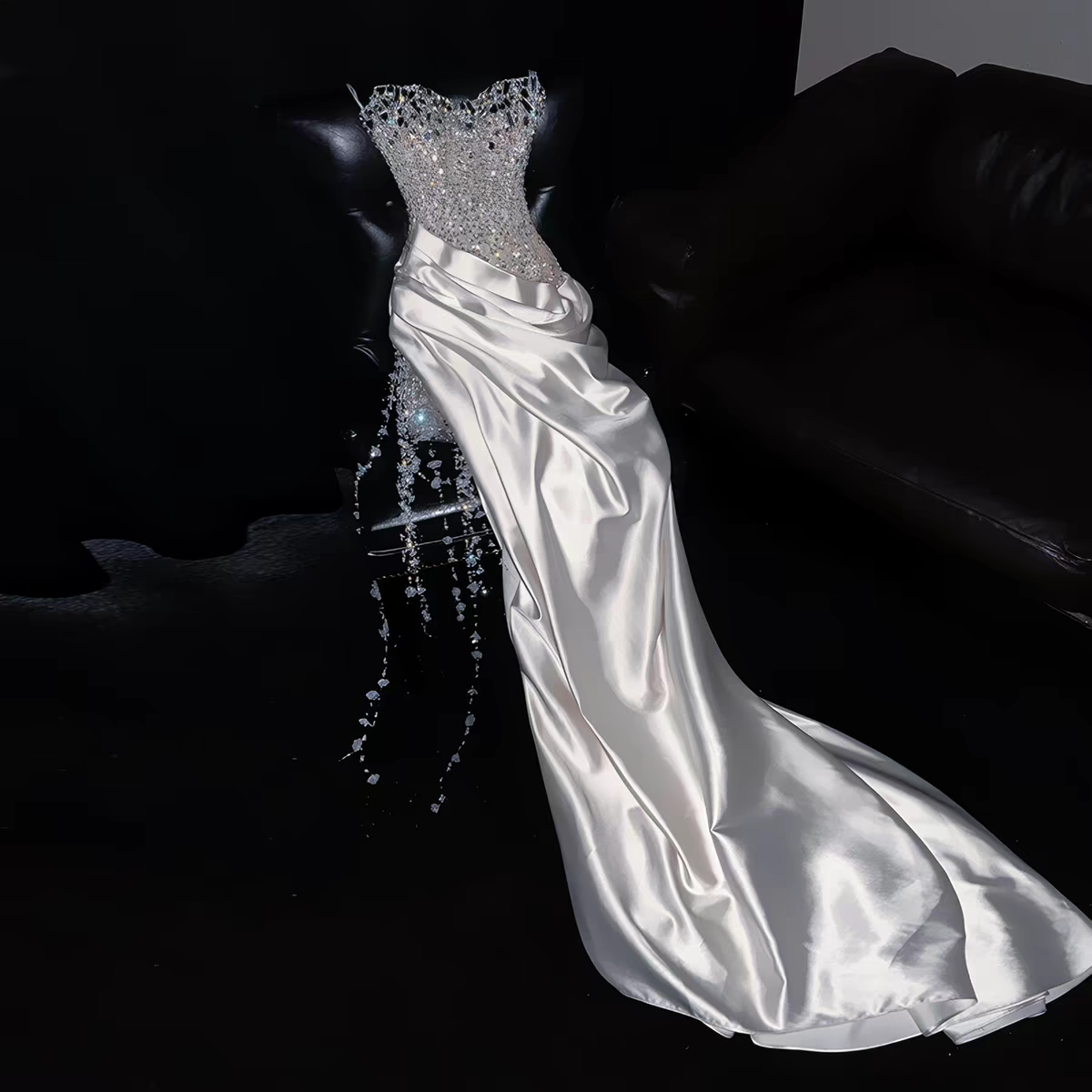 Regal White Strapless Satin Mermaid Long Prom Dress With Beaded Bodice And Chapel Train AD950