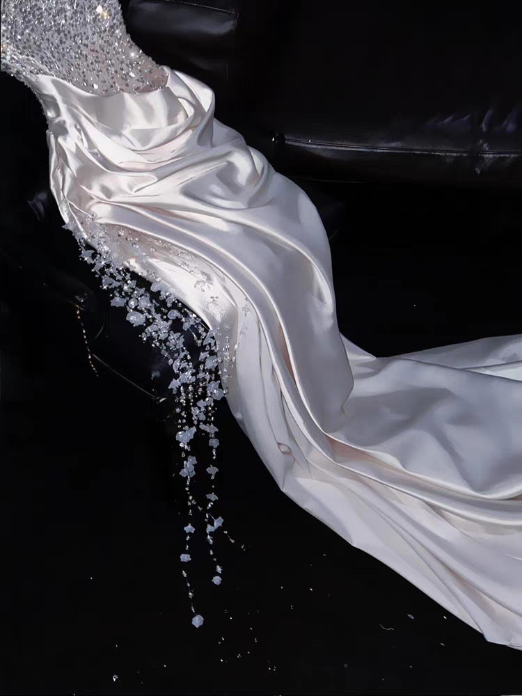 Regal White Strapless Satin Mermaid Long Prom Dress With Beaded Bodice And Chapel Train AD950