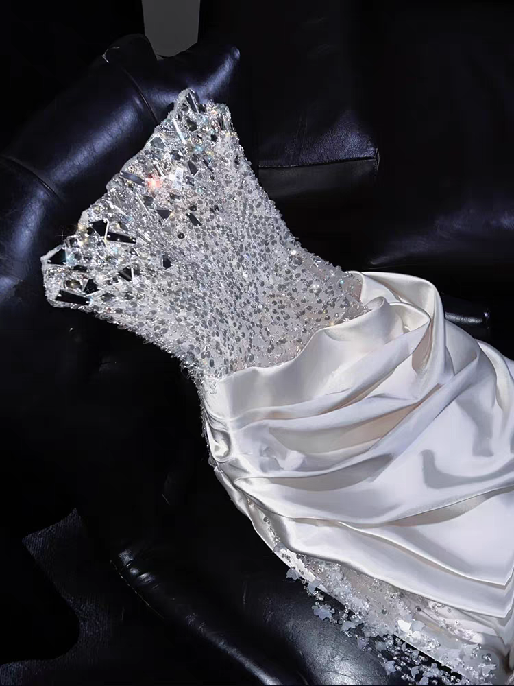 Regal White Strapless Satin Mermaid Long Prom Dress With Beaded Bodice And Chapel Train AD950