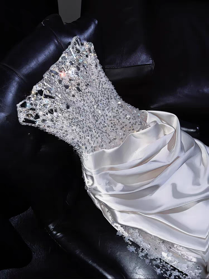 Regal White Strapless Satin Mermaid Long Wedding Dress With Beaded Bodice And Chapel Train AE104