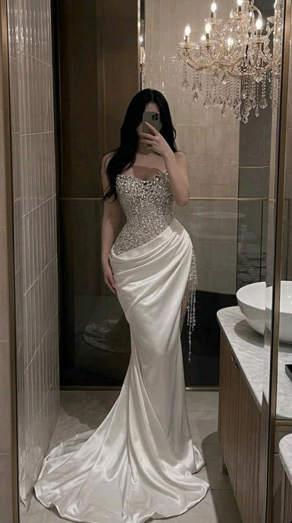Regal White Strapless Satin Mermaid Long Wedding Dress With Beaded Bodice And Chapel Train AE104
