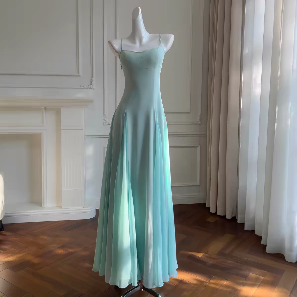 Whimsical Mint Green Spaghetti Straps Chiffon A-Line Long Prom Dress AD952