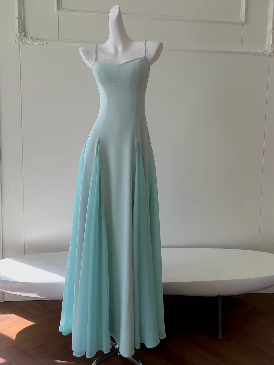 Whimsical Mint Green Spaghetti Straps Chiffon A-Line Long Prom Dress AD952