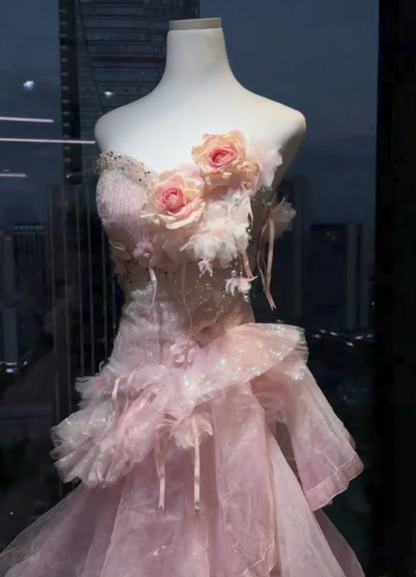 Dreamy Blush Pink Strapless Long Ball Gown Prom Dress With 3D Rose Florals, Asymmetrical Tiered Glitter Tulle And Chapel Train AD953