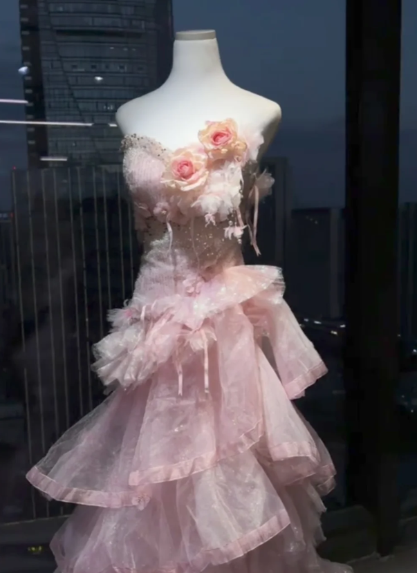 Dreamy Blush Pink Strapless Long Ball Gown Prom Dress With 3D Rose Florals, Asymmetrical Tiered Glitter Tulle And Chapel Train AD953