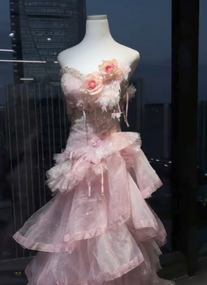 Dreamy Blush Pink Strapless Long Ball Gown Prom Dress With 3D Rose Florals, Asymmetrical Tiered Glitter Tulle And Chapel Train AD953