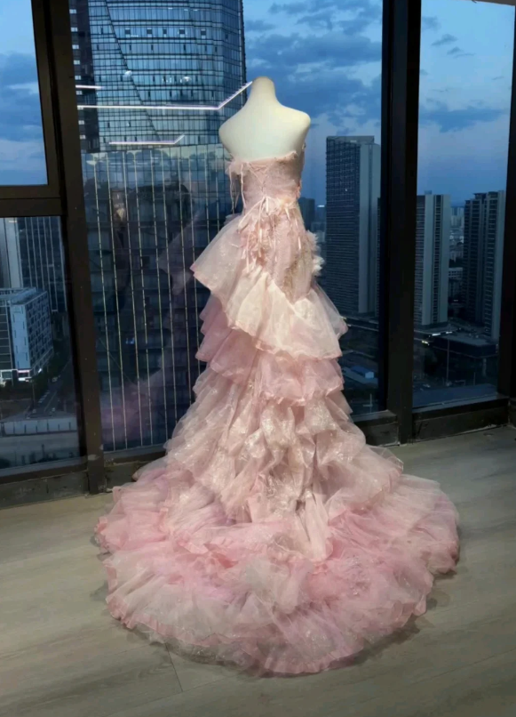 Dreamy Blush Pink Strapless Long Ball Gown Prom Dress With 3D Rose Florals, Asymmetrical Tiered Glitter Tulle And Chapel Train AD953