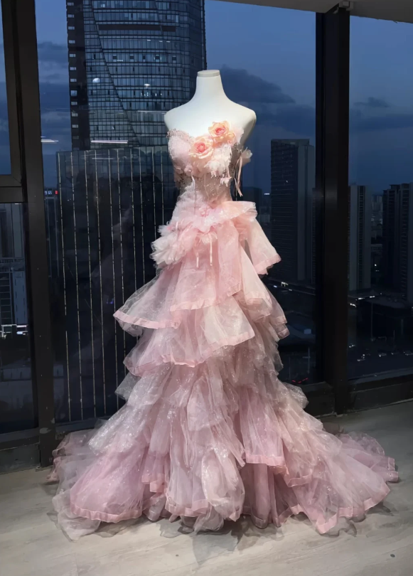 Dreamy Blush Pink Strapless Long Ball Gown Prom Dress With 3D Rose Florals, Asymmetrical Tiered Glitter Tulle And Chapel Train AD953