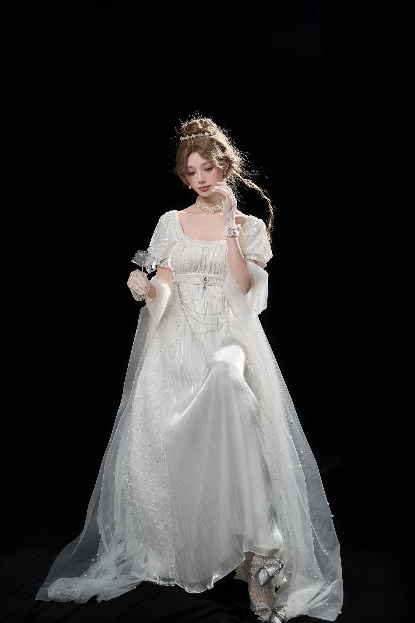 Gentle Vintage Ivory Square Neck Puff Short Sleeve Empire Waist Beaded Long Prom Dress AD954