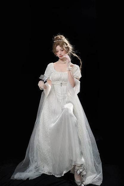 Gentle Vintage Ivory Square Neck Puff Short Sleeve Empire Waist Beaded Long Prom Dress AD954