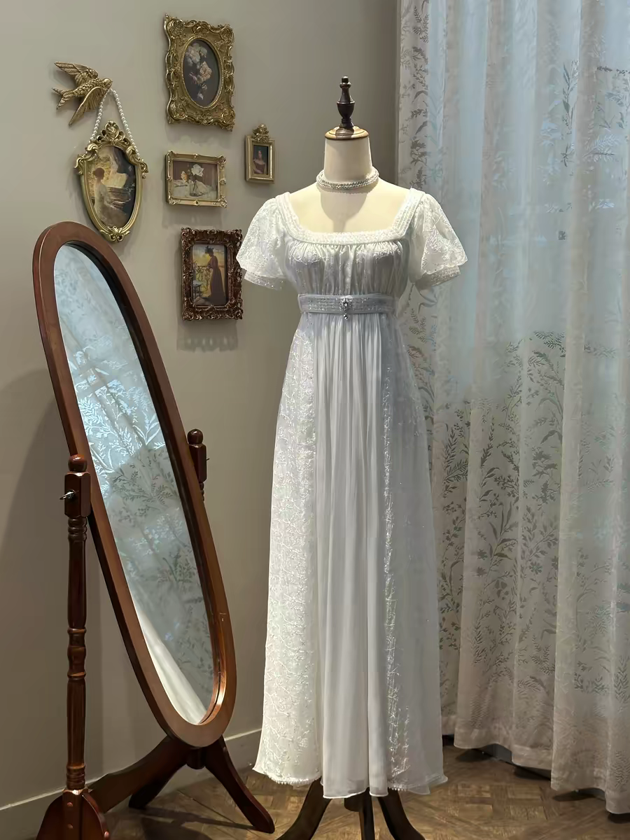 Gentle Vintage Ivory Square Neck Puff Short Sleeve Empire Waist Beaded Long Prom Dress AD954