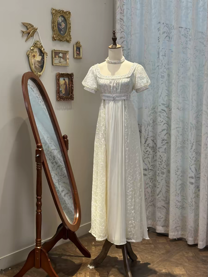 Gentle Vintage Ivory Square Neck Puff Short Sleeve Empire Waist Beaded Long Prom Dress AD954