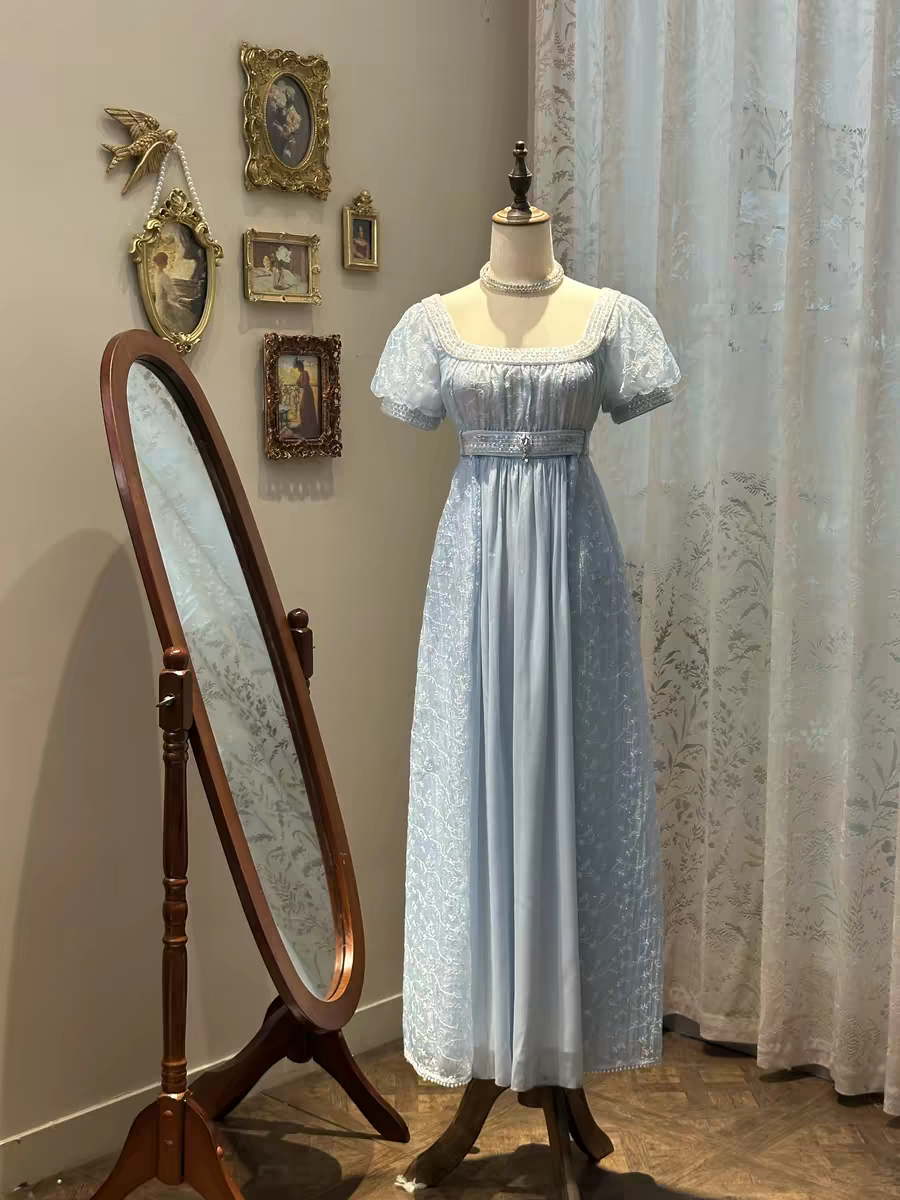 Gentle Vintage Ivory Square Neck Puff Short Sleeve Empire Waist Beaded Long Prom Dress AD954