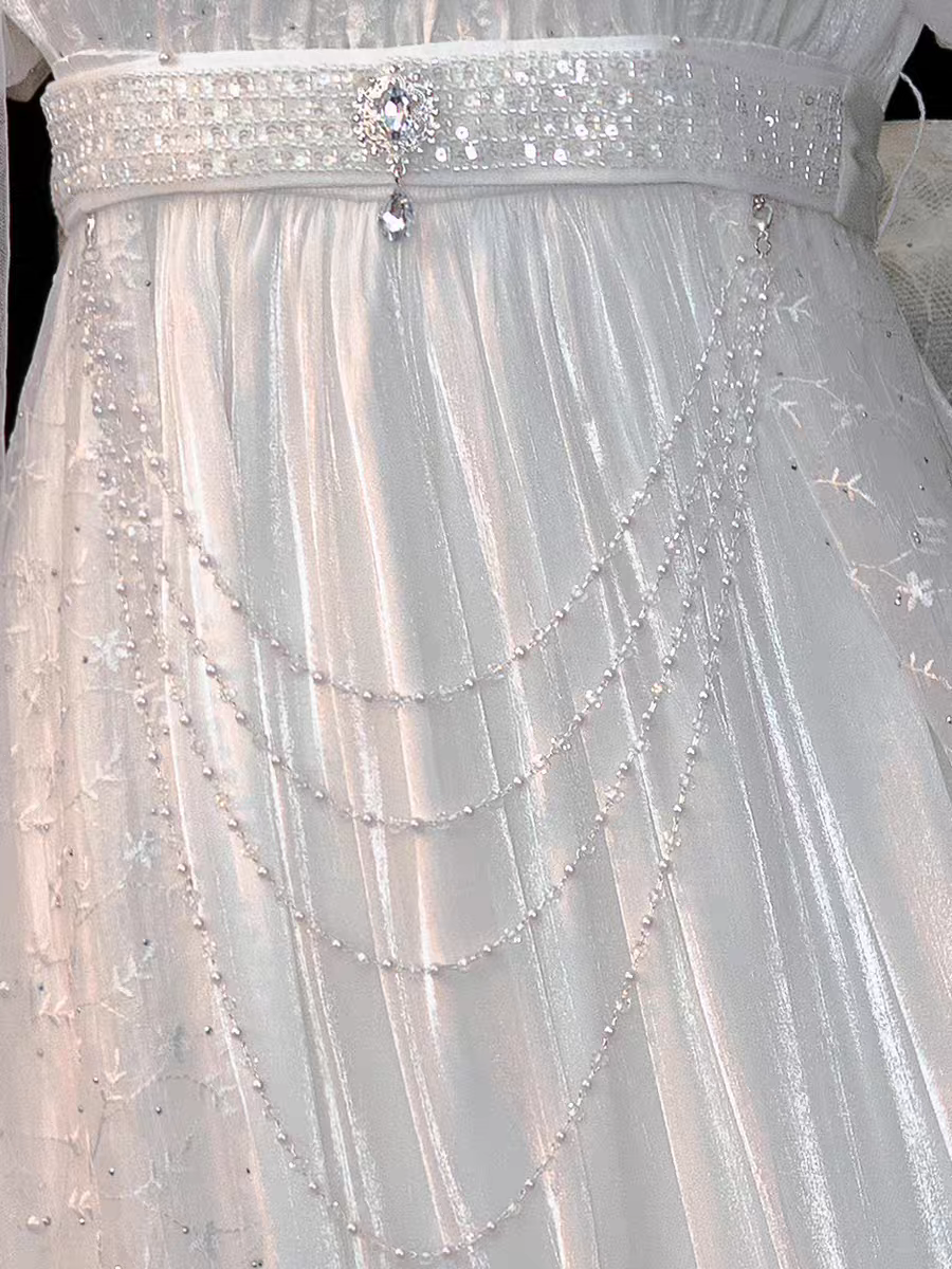 Gentle Vintage Ivory Square Neck Puff Short Sleeve Empire Waist Beaded Long Prom Dress AD954