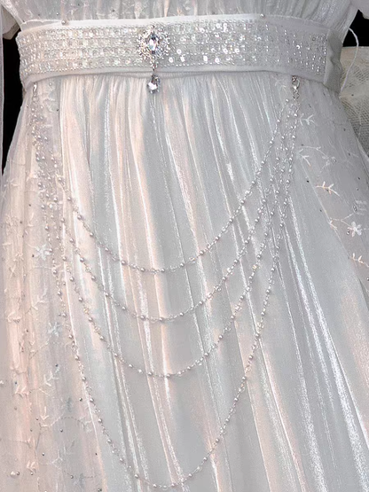 Gentle Vintage Ivory Square Neck Puff Short Sleeve Empire Waist Beaded Long Prom Dress AD954