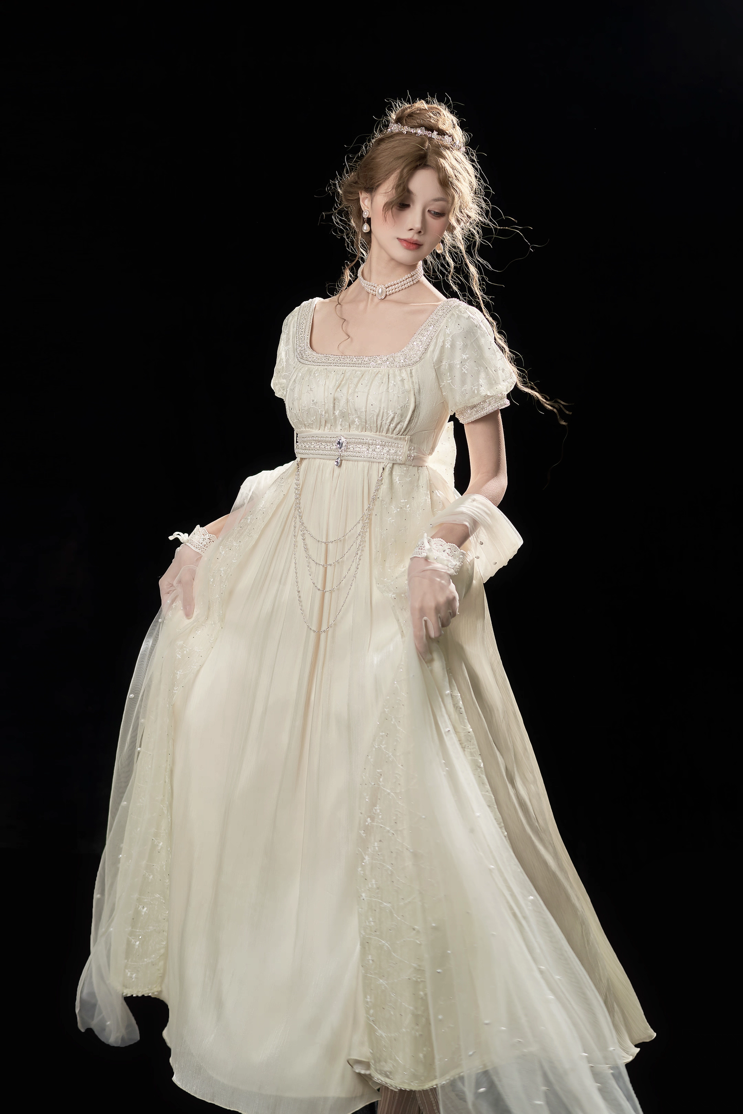 Gentle Vintage Ivory Square Neck Puff Short Sleeve Empire Waist Beaded Long Prom Dress AD954