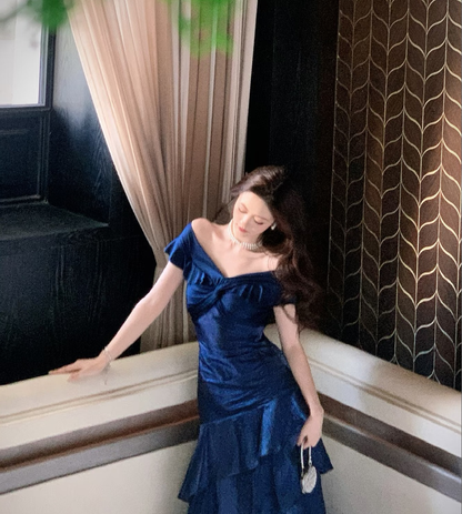 Chic Navy Off The Shoulder Shimmer Satin Mermaid Long Prom Dress With Asymmetrical Tiered Ruffle Skirt AD955