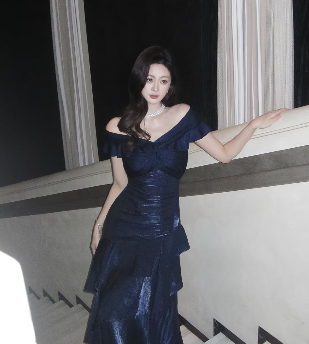 Chic Navy Off The Shoulder Shimmer Satin Mermaid Long Prom Dress With Asymmetrical Tiered Ruffle Skirt AD955