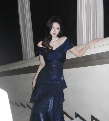 Chic Navy Off The Shoulder Shimmer Satin Mermaid Long Prom Dress With Asymmetrical Tiered Ruffle Skirt AD955