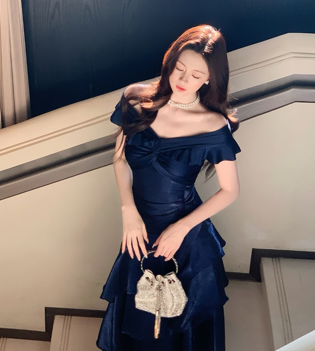 Chic Navy Off The Shoulder Shimmer Satin Mermaid Long Prom Dress With Asymmetrical Tiered Ruffle Skirt AD955