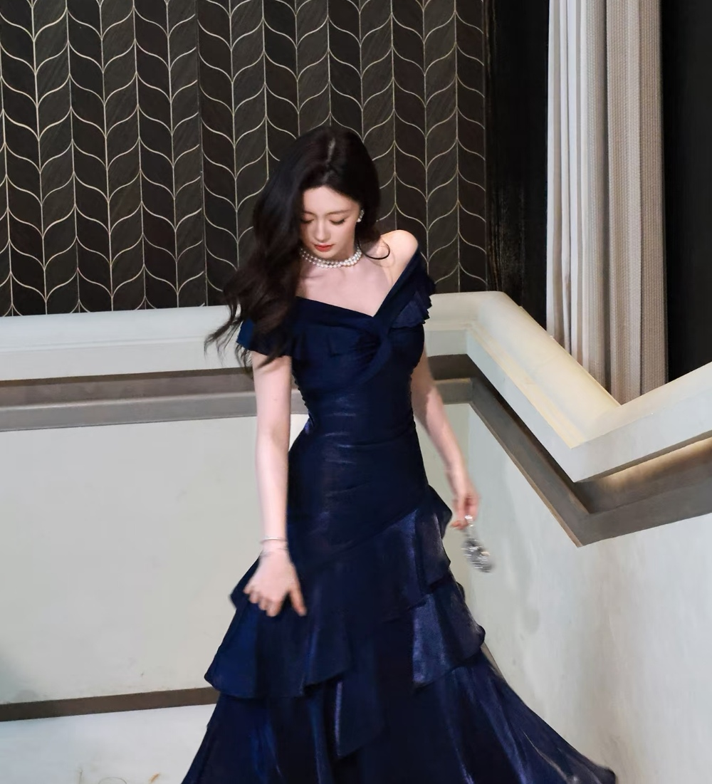 Chic Navy Off The Shoulder Shimmer Satin Mermaid Long Prom Dress With Asymmetrical Tiered Ruffle Skirt AD955