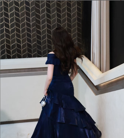 Chic Navy Off The Shoulder Shimmer Satin Mermaid Long Prom Dress With Asymmetrical Tiered Ruffle Skirt AD955
