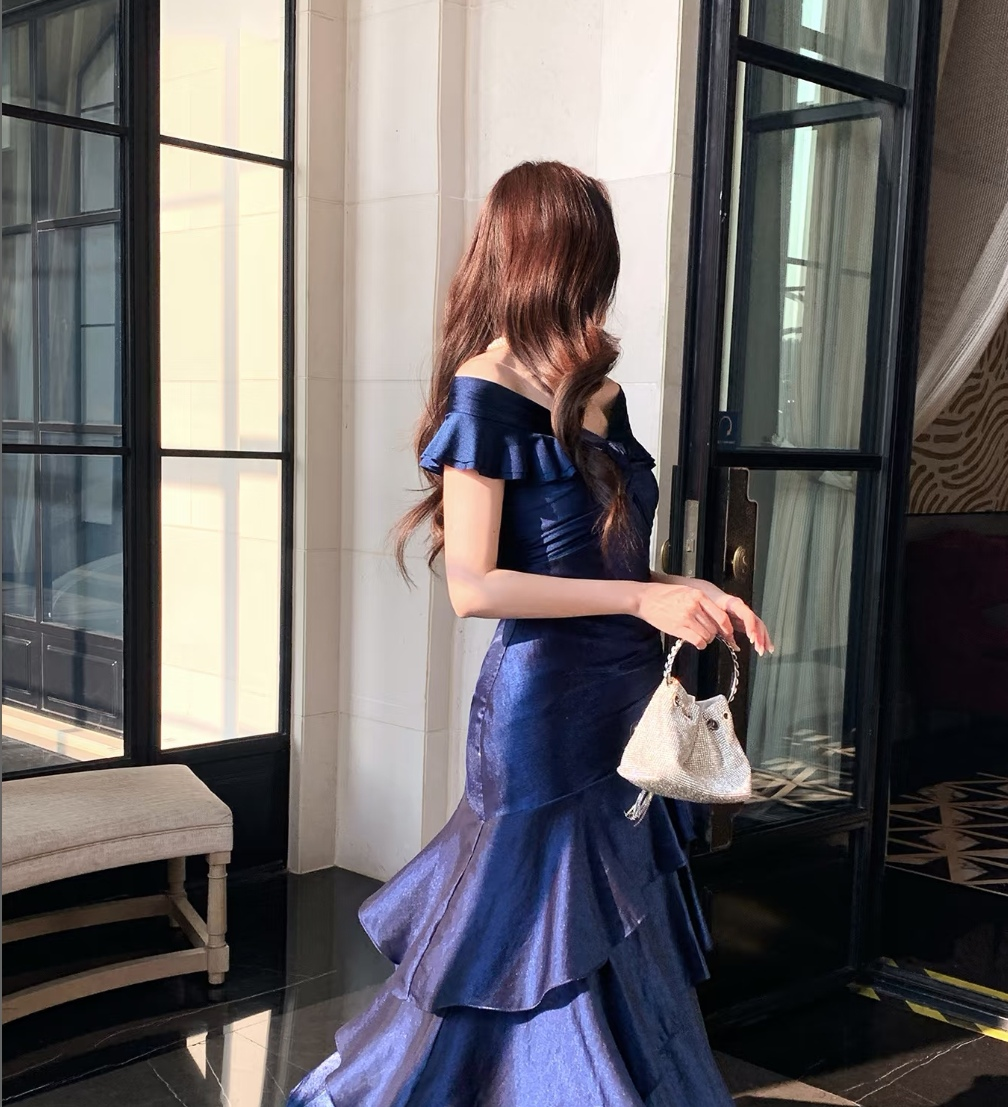 Chic Navy Off The Shoulder Shimmer Satin Mermaid Long Prom Dress With Asymmetrical Tiered Ruffle Skirt AD955