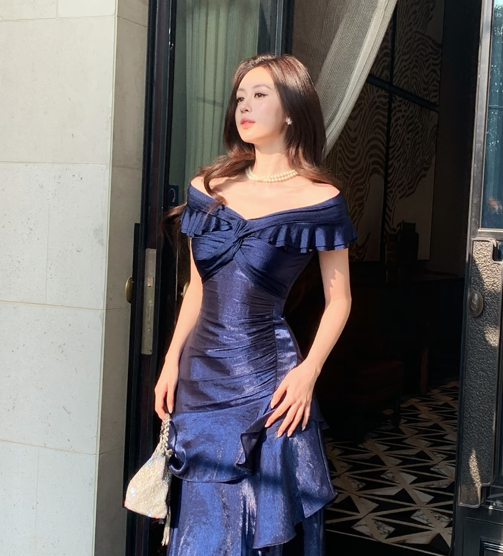 Chic Navy Off The Shoulder Shimmer Satin Mermaid Long Prom Dress With Asymmetrical Tiered Ruffle Skirt AD955
