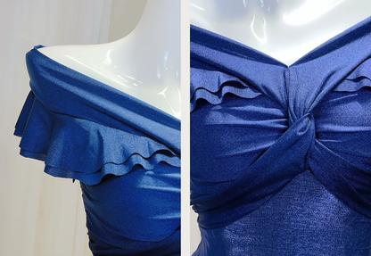 Chic Navy Off The Shoulder Shimmer Satin Mermaid Long Prom Dress With Asymmetrical Tiered Ruffle Skirt AD955