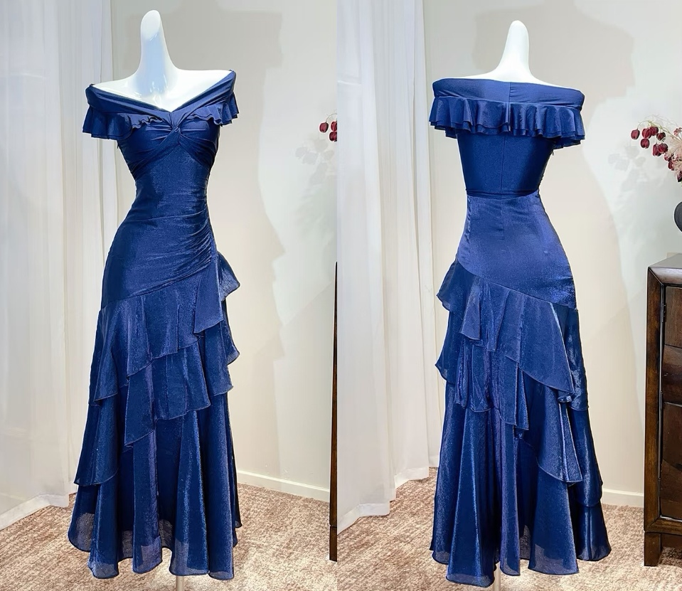 Chic Navy Off The Shoulder Shimmer Satin Mermaid Long Prom Dress With Asymmetrical Tiered Ruffle Skirt AD955