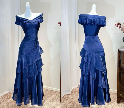 Chic Navy Off The Shoulder Shimmer Satin Mermaid Long Prom Dress With Asymmetrical Tiered Ruffle Skirt AD955