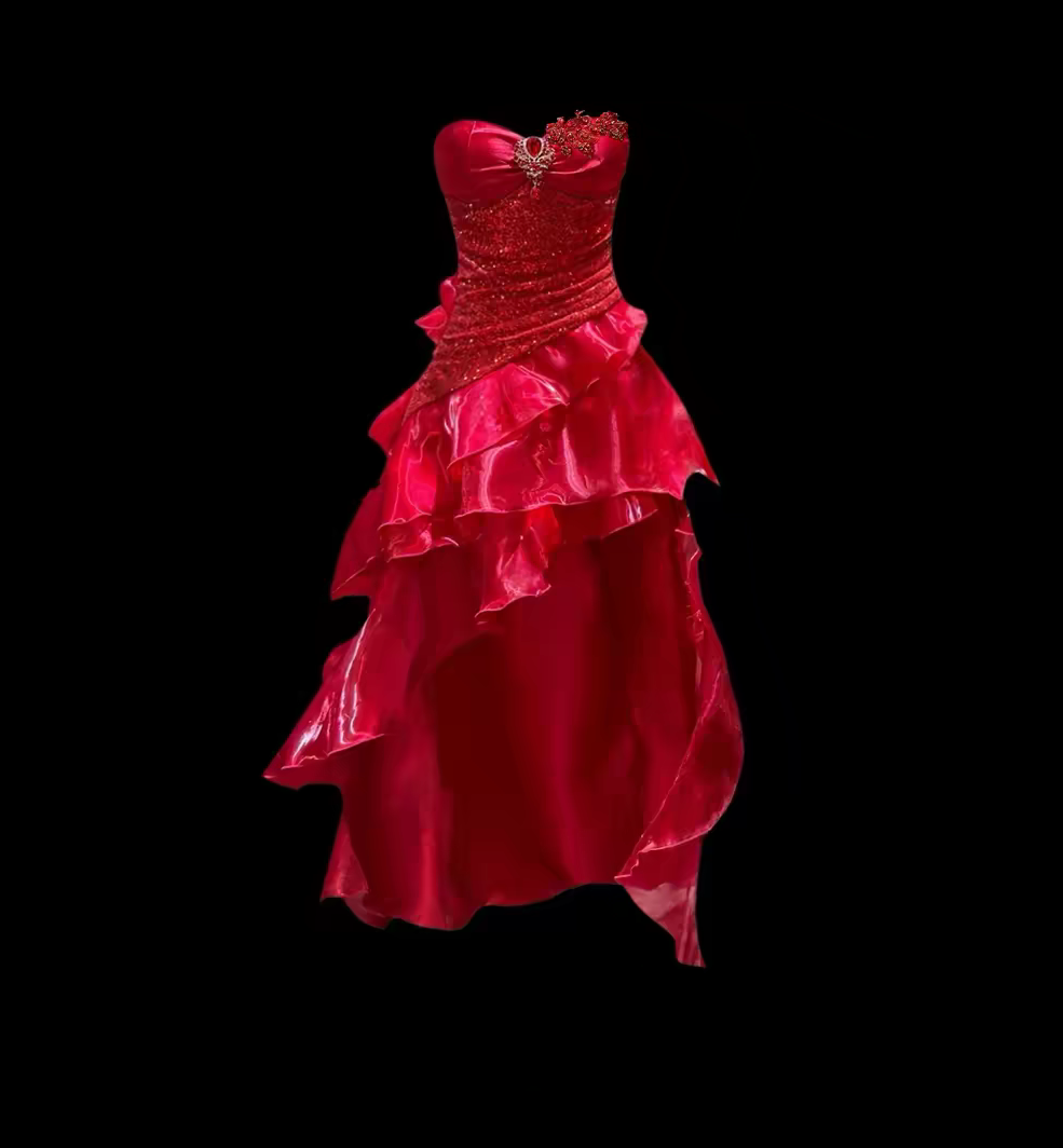 Vibrant Red Strapless Sequin Bodice Mermaid Ruffle Long Prom Dress With Hand Sewn Crystal Floral Appliqué And Removable Mermaid Train AD956