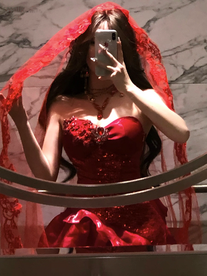 Vibrant Red Strapless Sequin Bodice Mermaid Ruffle Long Prom Dress With Hand Sewn Crystal Floral Appliqué And Removable Mermaid Train AD956