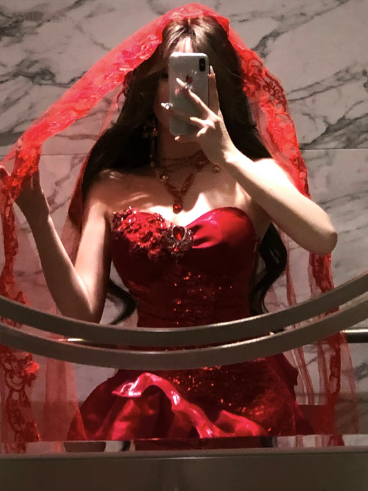 Vibrant Red Strapless Sequin Bodice Mermaid Ruffle Long Prom Dress With Hand Sewn Crystal Floral Appliqué And Removable Mermaid Train AD956