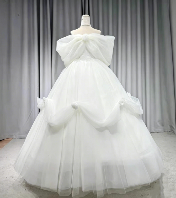 Vibrant Yellow Off Shoulder Big Bow 3D Floral Glitter Tulle Ball Gown Long Prom Dress AD957